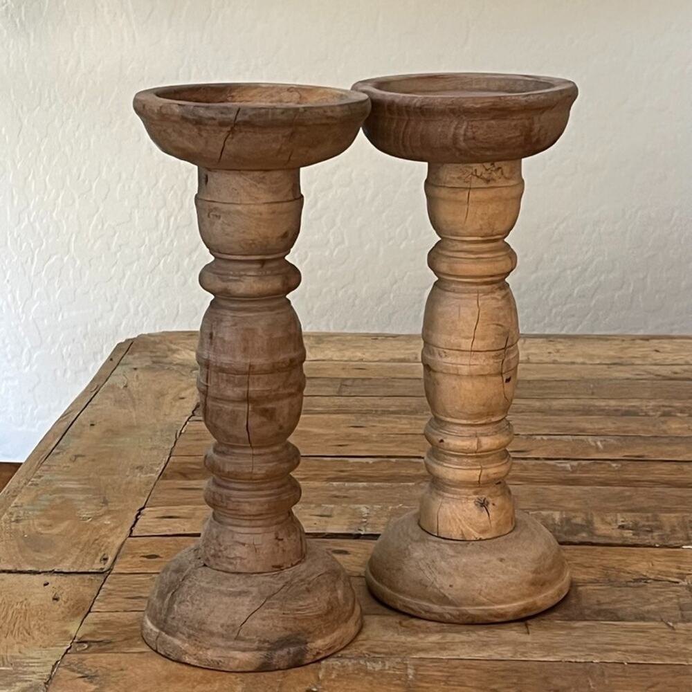 Vintage Rustic Wooden Pillar Candle Holders Set of 2 10" Tall